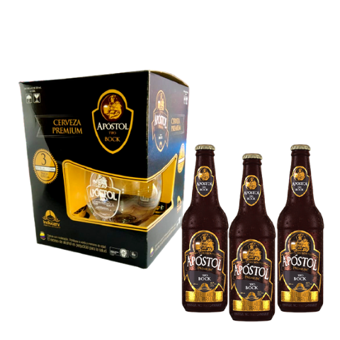 CERVEZA PREMIUM APOSTOL TIPO BOCK X 3 UND 330 ML C/U + COPA
